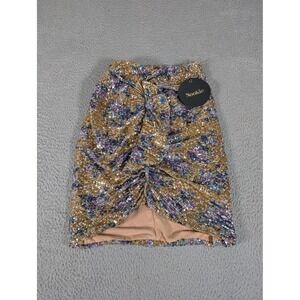 Nookie Forever Skirt Womens Small‎ Yellow Sequin Mini Party Ruched Metallic New